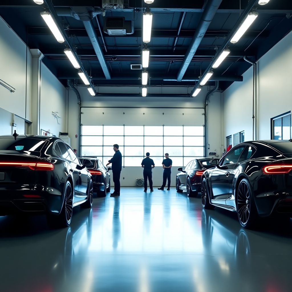 Moderní autodílna s techniky při práci